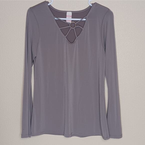 E.L.H. Studio Long Sleeve V Neck Pullover Stretch Knit Top Womens Medium Brown - Picture 1 of 7